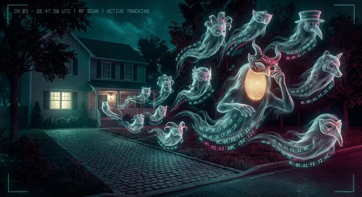 A swarm of ghostly Bluetooth signals drifting past a suburban house at night, each wearing a different mask