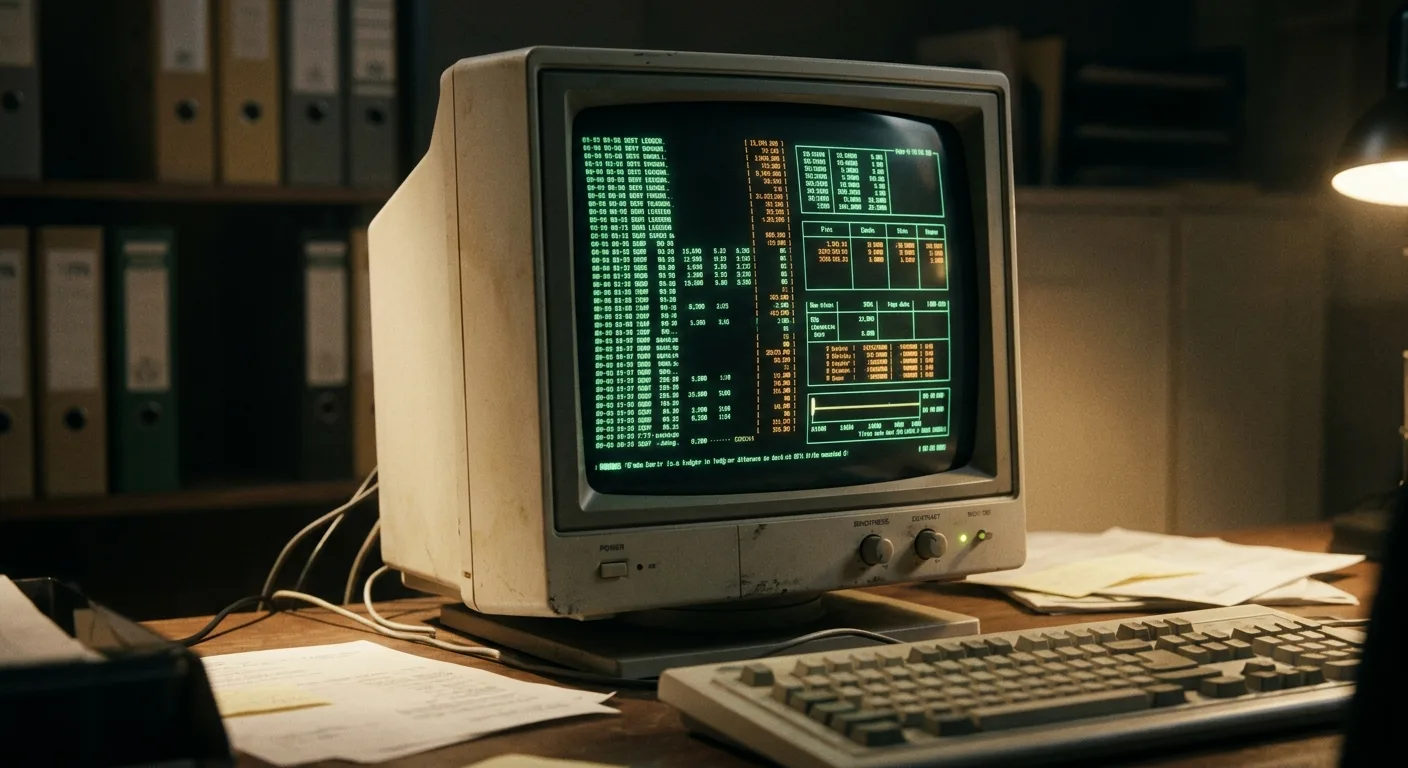 A month-in-review ledger glowing on a dark terminal