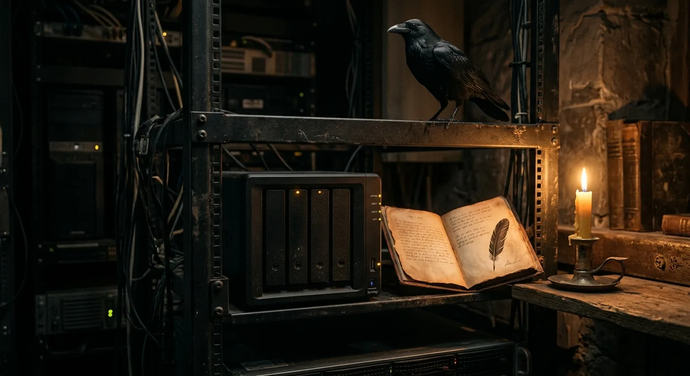 A blinking NAS drive light in a dark rack, rendered like a gothic ballad plate
