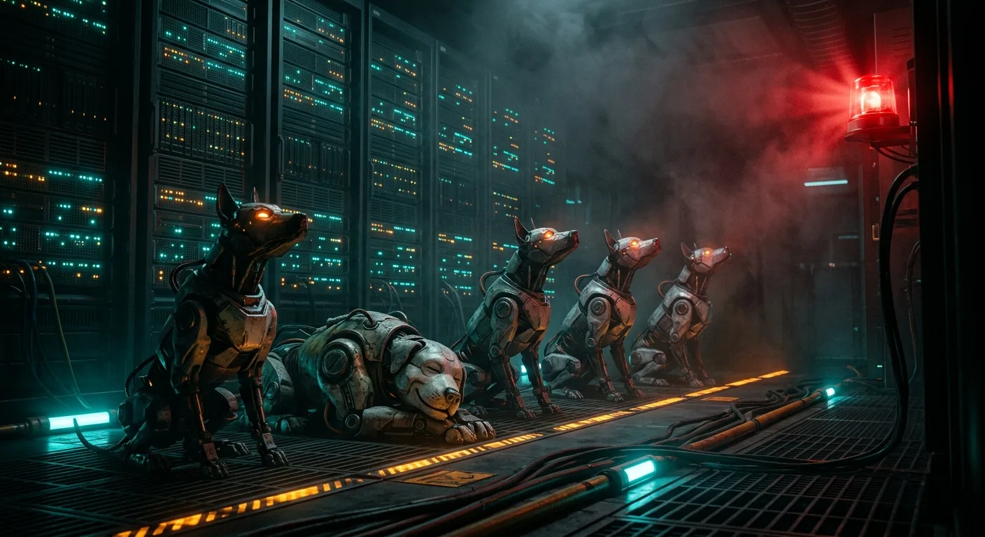 A rack of servers at night, a row of robotic guard dogs alert at a red alarm, one old watchdog asleep in the back
