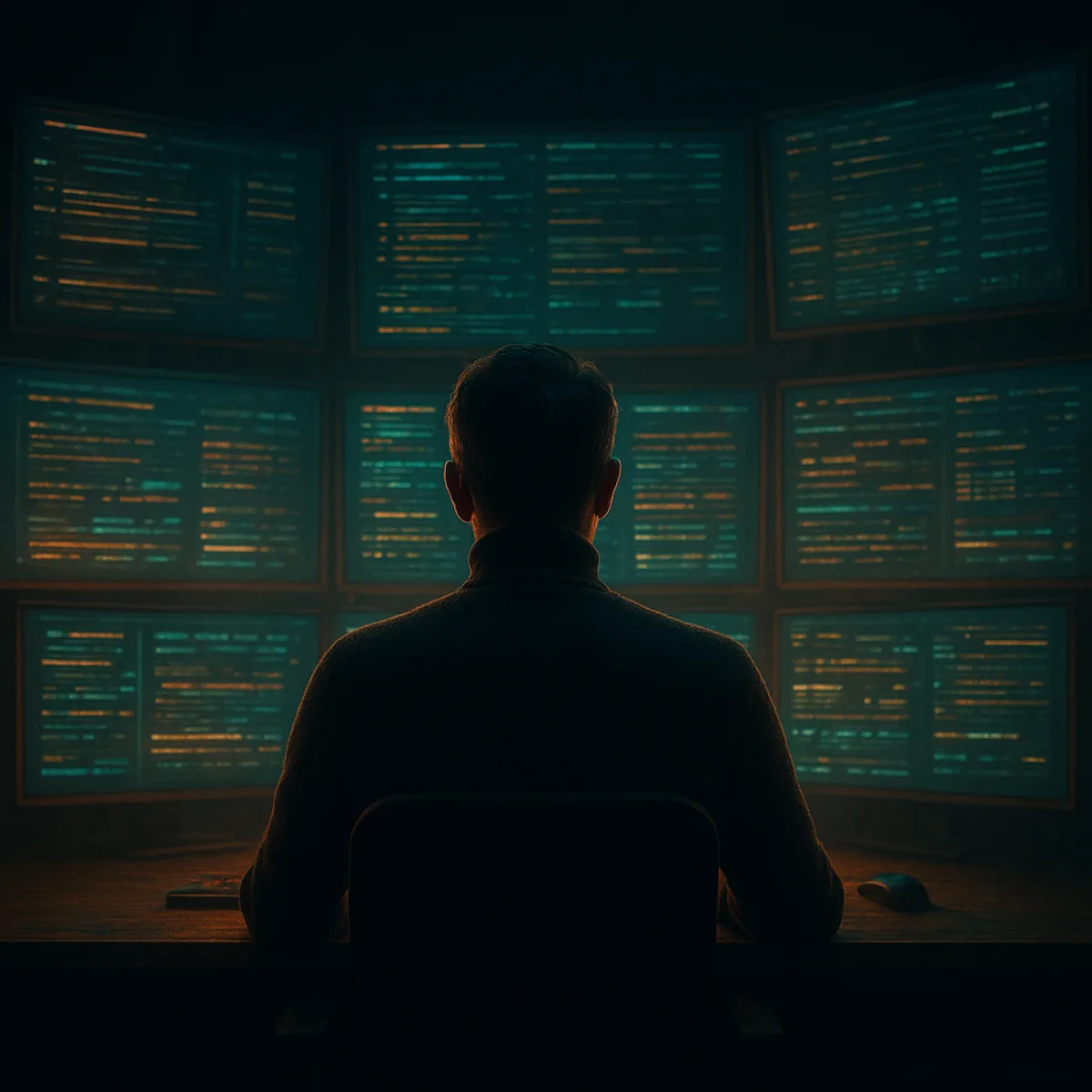 A wall of news feeds and transcripts glowing in a dark room