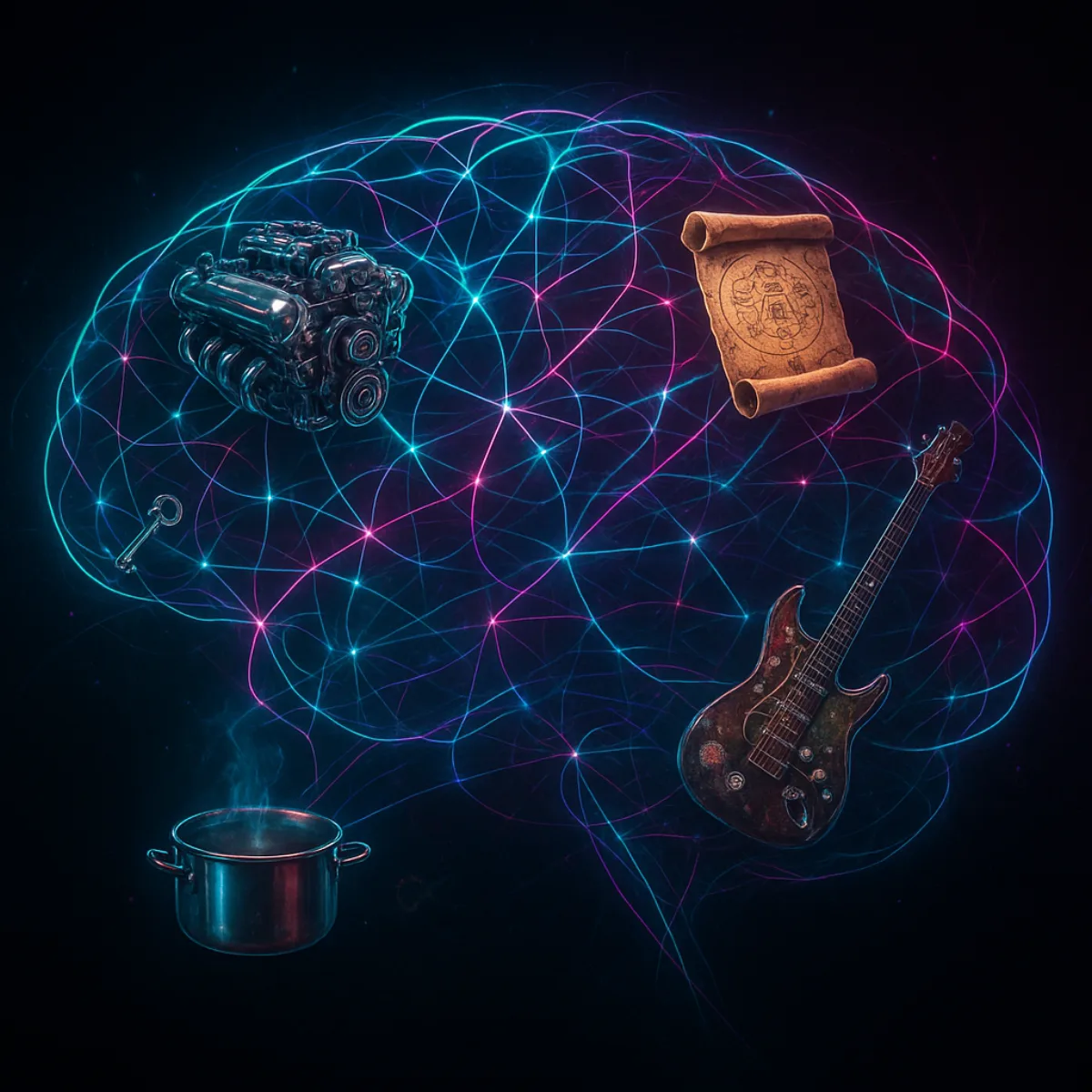 A neural network diagram connecting absurdly unrelated concepts