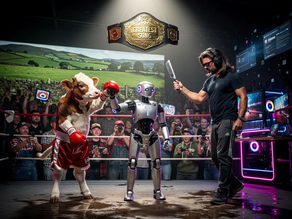 A baby cow and a mullet man face off in a boxing ring