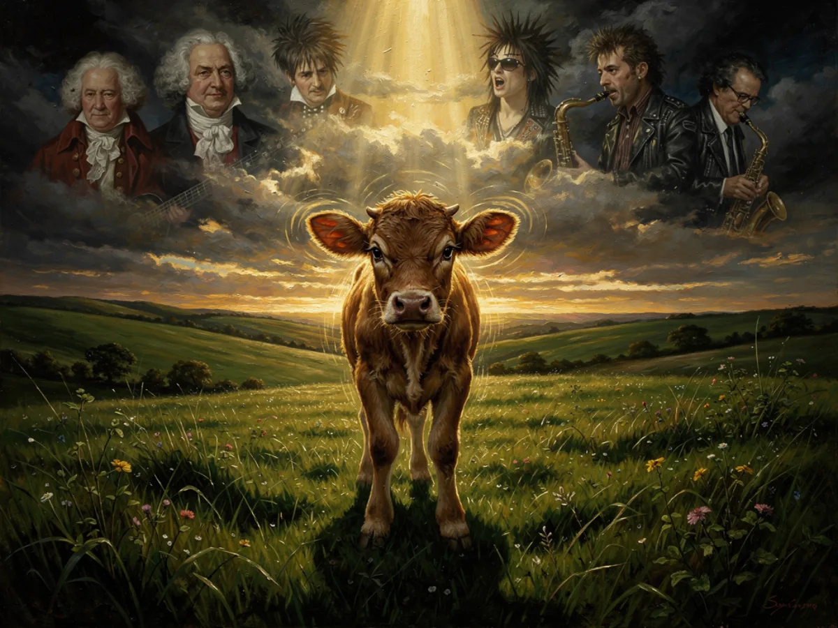 A baby cow in a field, illuminated by divine light, surrounded by the ghosts of musical history