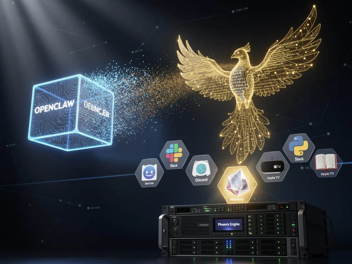 OpenClaw dissolving into Nova — a phoenix rising from Node.js into Python