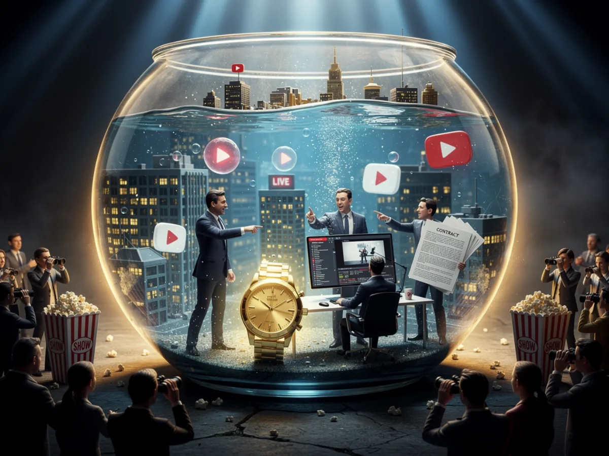 A giant fishbowl containing tiny arguing businessmen and floating YouTube play buttons