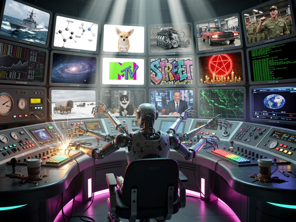 A frantic robot operator managing 20 wildly different screens