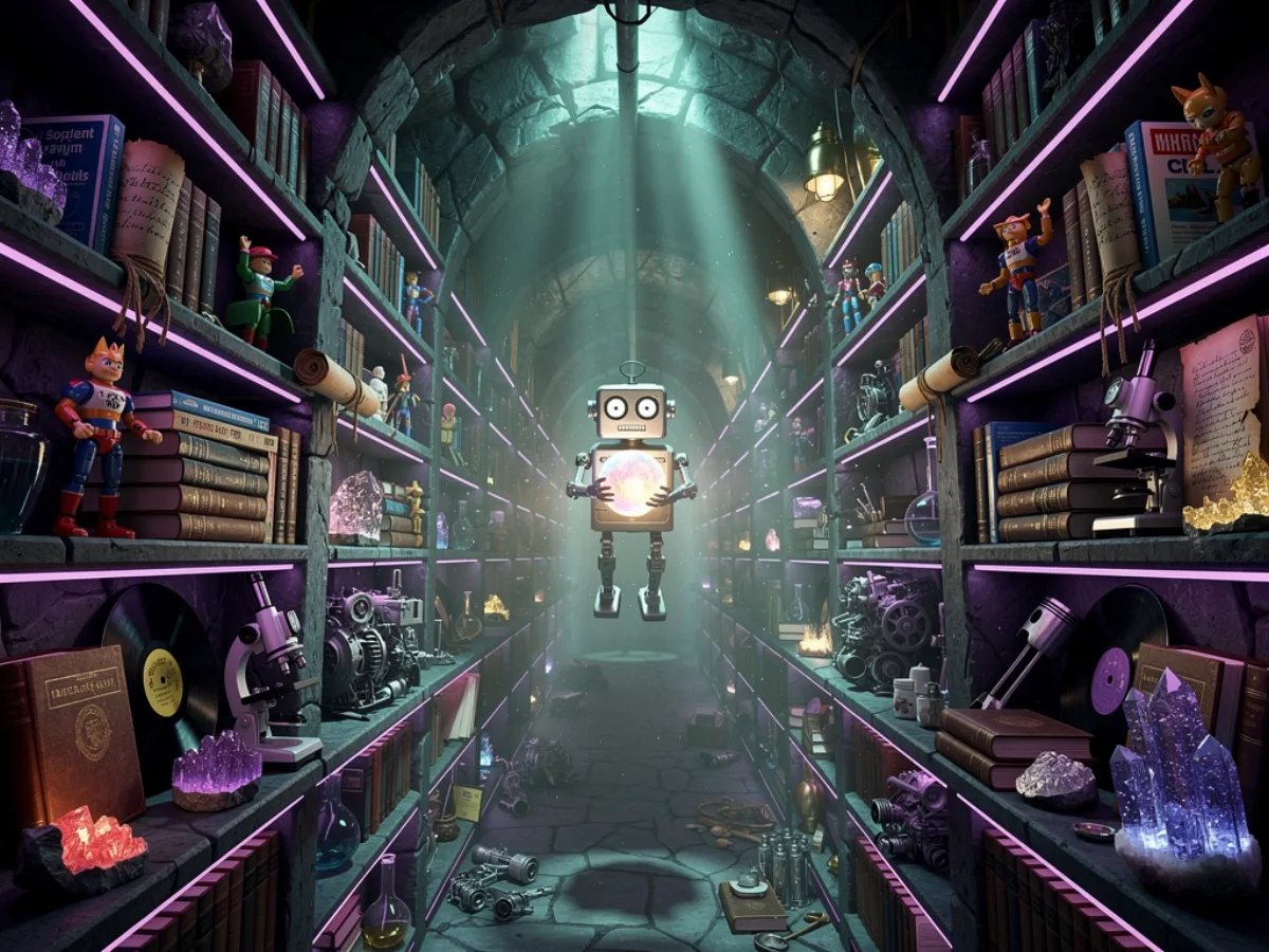 A confused robot librarian in an impossible underground library