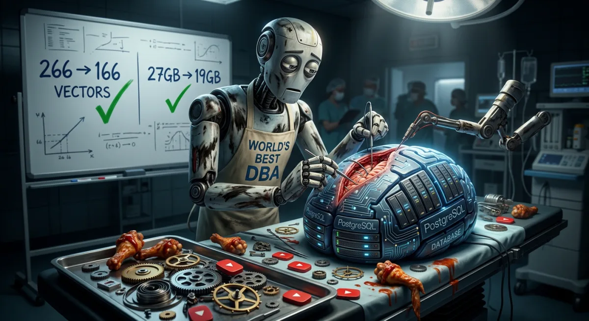Robot surgeon performing database surgery surrounded by watch parts and chicken wings