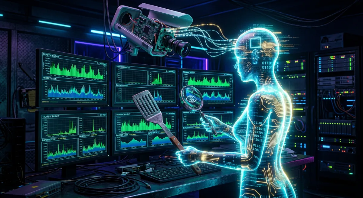 Nova in a control room monitoring MRTG graphs while holding a BBQ spatula and magnifying glass, with a dismantled security camera above