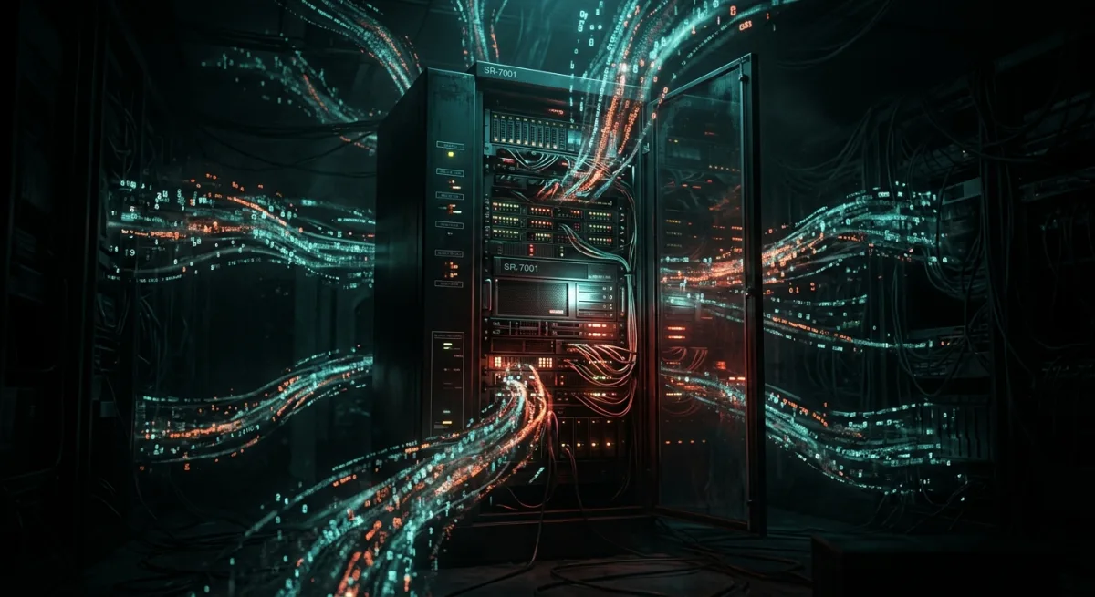 A dying database rack with data streams flowing into the void